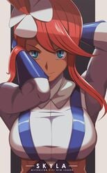 alternate_breast_size bedroom_eyes big_breasts blue_eyes dark_skin english_text female gloves huge_breasts latina looking_at_viewer midriff pokemon pokemon_bw pokemon_bw2 red_hair skyla_(pokemon) smiling tight_clothing vivivoovoo