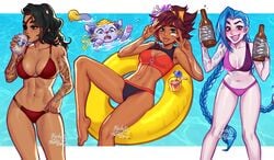 3girls abs alcohol barefoot beer beer_can bikini black_hair blue_eyes blue_hair blushypixy blushyspicy bottle braid breasts brown_hair cat cleavage double_v drowning_in_background duct_tape eyepatch feet female female_only floaty green_eyes jinx_(league_of_legends) league_of_legends long_hair looking_at_viewer mole mole_above_mouth navel pool_party_series pool_party_taliyah purple_eyes samira_(league_of_legends) schizophrenia smile taliyah tattoo tongue tongue_out v water yuumi_(lol) yuumi_fuckin_drowning