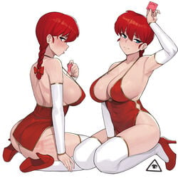 1girls bangs bare_shoulders blue_eyes blush braid braided_ponytail breasts canon_genderswap cleavage condom condom_wrapper donburikazoku dress female female_only genderswap_(mtf) hand_print_on_ass heels kneeling large_breasts ponytail ranma-chan ranma_1/2 ranma_saotome red_hair rule_63 sideboob single_braid slap_mark solo sweat thighhighs tied_hair used_condom white_background