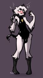 anthro blackhorn_(mewgle) blush bulge clothed clothing femboy furry improvised_clothing living_clothes male male_only mewgle partially_clothed quill_(mewgle) slime standing white_fur