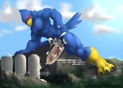 2021 absurd_res anthro avian bird blue_body blush bodily_fluids cum cum_inside destruction erection excessive_cum falco_lombardi flooding genital_fluids genitals hi_res internal koa_wolf macro male male_only mountain nintendo penetration penile penis penis_milking penis_milking_machine star_fox tunnel vein video_games