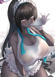 1girls 2021 apron big_breasts blue_archive blush breasts cleaning_&_clearing_(blue_archive) cleavage clothed clothed_female dark-skinned_female dark_skin eyebrows eyebrows_visible_through_hair eyelashes female female_focus female_only gloves karin_(blue_archive) looking_at_viewer maid maid_apron maid_headdress maid_uniform millennium_science_school_student nipples nipples_visible_through_clothing no_bra oonaka_ito see-through see-through_clothing solo solo_female solo_focus sweat sweatdrop wet white_apron white_gloves yellow_eyes