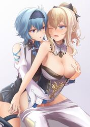 bad_id bangs bare_shoulders between_legs blonde_hair blue_eyes blue_hair blush bow breasts cleavage clothes_pull covering_nipples eula_(genshin_impact) female fingering genshin_impact gloves hair_between_eyes hairband hairbow hand_between_legs highres jean_gunnhildr large_breasts long_hair medium_hair mon-chan multiple_girls open_mouth pants pants_pull ponytail sidelocks white_pants yuri