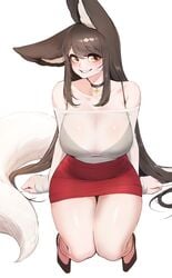 1girls ahri animal_ears big_breasts big_ears blush clothing female female_focus female_only fluffy_ears high_heels horny huge_breasts league_of_legends looking_at_viewer riot_games see_through short_skirt sitting skirt thick_thighs yabby yellow_eyes