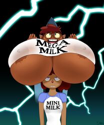 2girls aged_up alternate_breast_size busty camp_camp character_request curvy dark-skinned_female dark_skin female female_only glasses gwen_(camp_camp) hyper large_breasts mega_milk meme mini_milk multiple_girls nerris park_ranger rooster_teeth sanka-tetsu text text_on_clothing text_on_shirt