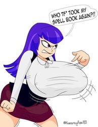 1girls angry breast_expansion breasts clothing dc dc_comics dc_super_hero_girls female female_only huge_breasts implied_breast_expansion jiggling_breasts pointing purple_eyes purple_hair severingaxis183 shirt solo speech_bubble zee_zatara