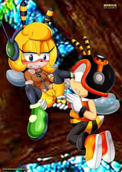 1boy 1girls bbmbbf blue_eyes blush charmy_bee clothing dildo dildo_in_ass eyes_half_open eyes_open female female/male half_naked legs_spread mobius_unleashed orange_eyes palcomix pussy saffron_bee sex_toy smiling_at_another sonic_(series) yellow_hair