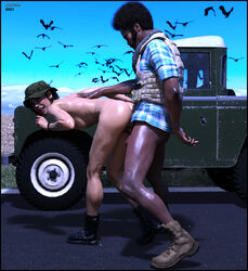 1boy 1girls bird black_hair boots breasts call_of_duty call_of_duty_black_ops_cold_war colmarq dark-skinned_male doggy_style duo female helen_park_(cod) interracial light-skinned_female male military_hat mostly_nude naked_boots naked_footwear naked_with_shoes_on nude sex standing_sex straight truck