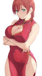 1girls alp alternate_costume arms_under_breasts bangs big_breasts braid breasts cheongsam china_dress chinese_clothes cleavage cleavage_cutout clothing_cutout covered_navel cowboy_shot dress earrings emma_verde female female_only freckles green_eyes highres horny jewelry large_breasts looking_at_viewer love_live! love_live!_nijigasaki_high_school_idol_club no_panties parted_lips pelvic_curtain qipao red_dress red_hair simple_background sleeveless sleeveless_dress solo solo_female thighs twin_braids white_background