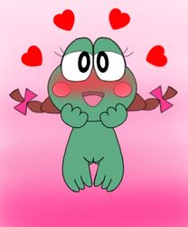 1girls 2021 amphibian anthro blush brown_hair eyelashes female female_focus female_only frog hairbow half-closed_eyes hands_on_face heart keroleen keroppi_and_friends nude nude_female open_mouth pink_background pussy sanrio simple_background solo solo_female twintails