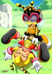 1boy 1girls bbmbbf blush charmy_bee closed_eyes clothing cum_in_pussy female female/male legs_held_open moaning mobius_unleashed palcomix penetration saffron_bee sonic_(series) sonic_the_hedgehog_(series) yellow_hair