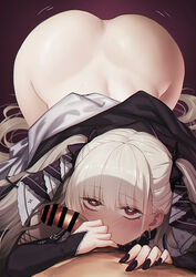 1boy 1girls ass azur_lane bangs bar_censor black_nails black_ribbon blush bottomless censored clothed_female_nude_male earrings eyebrows_visible_through_hair fellatio female fingernails formidable_(azur_lane) glassjill hair_ribbon jewelry long_hair lying nail_polish on_stomach oral penis red_eyes ribbon straight twintails two-tone_ribbon white_hair white_ribbon