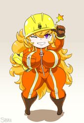 alternate_breast_size alternate_costume busty chibi chibi_style construction_helmet curvy helmet hyper rooster_teeth rwby rwby_chibi sanka-tetsu shortstack tagme thighs tight_clothing wink yang_xiao_long