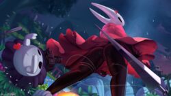 angry ass camera cloak discordthege heart hollow_knight hornet_(hollow_knight) low-angle_view protagonist_(hollow_knight) siblings upskirt