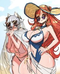 big_breasts bikini blush cleavage earrings hoop_earrings league_of_legends looking_over_eyewear looking_over_glasses looking_over_sunglasses miss_fortune navel pool_party_miss_fortune pool_party_series purple-tinted_eyewear sketch sona_buvelle sunglasses tinted_eyewear yabby