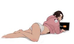 ass black_hair computer cropped_hoodie exposed_legs exposed_stomach lying_on_floor male_only minecraft_youtubers one_leg_up pink_hoodie porn_hub sapnap underwear