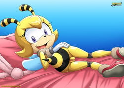 bbmbbf clothing hand_on_hip mobius_unleashed on_bed palcomix purple_eyes saffron_bee showing_pussy smiling_at_viewer sonic_(series) sonic_the_hedgehog_(series) yellow_hair