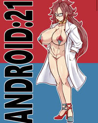 android_21 android_21_(human) areolae breasts dragon_ball dragon_ball_fighterz female female_focus female_only glasses high_heels labcoat long_hair nipples_visible_through_clothing rickert_kai solo solo_female solo_focus string_bikini