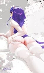 anus ass back braid braided_ponytail breasts cherry_blossoms female genshin_impact hair_ornament large_breasts long_hair lying nude omone_hokoma_agm on_stomach petals purple_hair raiden_shogun solo thighhighs thighs very_long_hair white_thighhighs