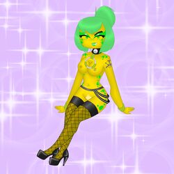 choker collar duchess_pixal female female_only fishnet_stockings fishnets green_eyes green_hair green_lipstick heels high_heels lego lego_ultra_agents lipstick medium_breasts ninjago nipple_piercing piercing pubic_hair simple_background spiked_choker spiked_collar tattoo tattoo_on_arm tattooed_arm tournament_of_elements_(ninjago) tox_(ninjago) toxikita_(ninjago) yellow_body yellow_skin