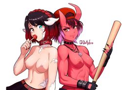 2girls abs areolae asura_(dirtyero) au_ra auri_rei_(character) backwards_baseball_cap baseball_bat baseball_cap black_hair blue_eyes bob_cut borrowed_character breasts cap choker collar commission demon demon_girl demon_horns dirtyero_(artist) earrings female female_only final_fantasy final_fantasy_xiv hat headwear heterochromia horns humanoid lollipop looking_at_viewer multiple_girls necklace neckwear nipple_piercing nipples original_character pentagram pentagram_necklace pink_hair purple_hair raen red_eyes red_hair short_hair small_breasts smile tomboy topless two_tone_hair weapon white_background