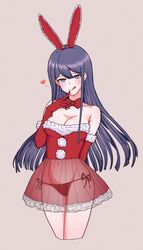 1girls bikini blue_eyes blue_hair blush bunny_ears bunnysuit christmas danganronpa elbow_gloves fancy-fancy female gloves heart horny long_hair looking_at_viewer maizono_sayaka red_panties santa_hat skirt stockings straight_hair tongue_out transparent_clothing transparent_skirt