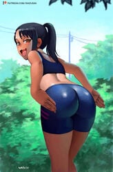 1girls :3 ass big_ass big_breasts black_hair blush breasts brown_eyes busty butt clothed clothing female female_focus female_only hayase_nagatoro hourglass_figure long_hair looking_at_viewer looking_back nudity open_mouth partially_clothed please_don't_bully_me,_nagatoro ponytail rear_view revealing_clothes solo solo_female solo_focus sports_bra sportswear tanline tanned watermark wazu-san wide_hips