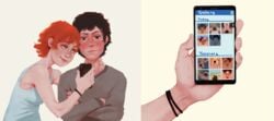 1boy 1boy1girl 1girls 2_panel_comic black_hair brothatslewd close-up crossed_arms cunnilingus embarrassed femdom freckles gentle_femdom green_eyes oral phone photo red_hair smartphone smug teasing