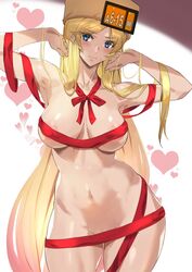 ashiomi_masato blonde_hair blue_eyes blush breasts censored_breasts christmas convenient_censoring guilty_gear millia_rage navel nipple_censor no_panties nude ribbon ribboned_body standing sweat tagme