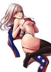 alcohol american_flag american_flag_bikini american_flag_legwear applekun ass beer beer_can bikini blue_eyes breasts can earrings fate/grand_order fate_(series) flag_print hair_between_eyes highres holding jacket jacket_removed jewelry leggings long_hair looking_at_viewer lying medium_breasts miyamoto_musashi_(fate) miyamoto_musashi_(swimsuit_berserker) on_side shiny shiny_skin simple_background swimsuit thighs twisted_torso white_background white_hair