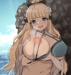 1girls bangs beach bikini bikini_pull blonde_hair blue_eyes blunt_bangs bow breast_lift breasts clothes_pull collarbone criss-cross_halter female flower hair_flower hair_ornament hairbow halterneck highres huge_breasts long_hair looking_at_viewer navel niizuka_(c-drop) nipples one_breast_out open_mouth ponytail princess_connect! rock saren_(princess_connect!) sidelocks smile solo solo_focus strap_gap swimsuit tareme upper_body wet