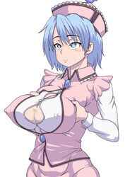 after_paizuri areolae bangs blue_eyes blue_hair breast_hold breasts buggycart censored cleavage_cutout closed_mouth clothing_cutout covered_nipples cum cum_on_body cum_on_breasts english_commentary eyebrows_visible_through_hair female frilled_hat frills hat heart heart-shaped_pupils large_breasts merlin_prismriver mosaic_censoring penis pink_headwear pink_shirt pink_skirt pink_vest shirt short_hair simple_background skirt slight_blush smile solo sweatdrop symbol-shaped_pupils titfuck touhou upper_body vest white_background white_shirt