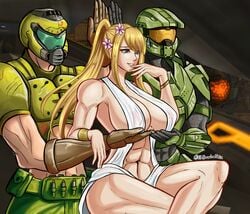 1girls 2boys abs big_breasts blonde blonde_hair breast_hold breast_support breasts comedy crossover doom doom_slayer_(doom) eastern_and_western_character eljarochofeliz female female_focus finger_to_face fit_female halo_(series) hands_under_breasts holding_breast holding_up_breasts huge_breasts human male male_human male_spartan_(halo) master_chief meme metroid muscles muscular muscular_female muscular_male parody pose record_of_ragnarok samus_aran servants_holding_aphrodite's_breasts_(meme) shuumatsu_no_valkyrie smile spartan_ii_(halo) voluptuous