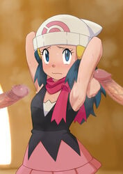 00s 1girls 2boys absurdres armpits arms_behind_head beanie blue_eyes blue_hair blush closed_mouth commentary_request dawn_(pokemon) eyelashes female hair_ornament hairclip hat highres human light-skinned_female light_skin long_hair looking_up miraa_(chikurin) multiple_boys multiple_penises nintendo penis pink_scarf pink_skirt poke_ball_print pokemon pokemon_dppt raised_eyebrows scarf sexy_armpits shirt skirt sleeveless sleeveless_shirt steam straight sweat white_headwear