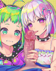 2girls ahoge antenna_(dohna_dohna) clothed_female dohna_dohna green_eyes kiyotatsu multicolored_hair penis porno_(dohna_dohna) purple_eyes spiked_collar tarou_(user_tpmh7442)