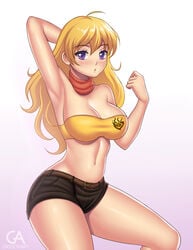 1girls blonde_hair bra breasts female female_only grigorart rooster_teeth rwby shorts solo solo_female yang_xiao_long yellow_bra