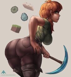 2021 alamanderarts alex_(minecraft) ass axe big_ass big_breasts breasts clothing female female_only ginger ginger_hair hanging_breasts hi_res human minecraft pickaxe tools weapon