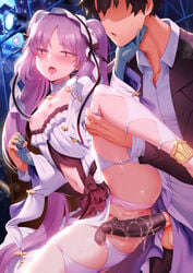 1boy 1girls after_sex after_vaginal blush breasts condom condom_on_penis dress erection fate/grand_order fate_(series) female filled_condom long_hair looking_at_viewer m-da_s-tarou nipples open_mouth panties panties_aside penis purple_hair pussy pussy_juice rogia small_breasts spread_legs stheno stheno_(fate) sweat twintails used_condom