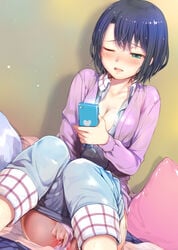 1girls adachi_sakura adachi_to_shimamura bed bedroom blue_hair cleavage green_eyes indoors masturbation medium_breasts mikazuki_akira no_bra one_eye_closed open_shirt pajama pantsu pillow pussy pussy_juice short_hair smartphone solo