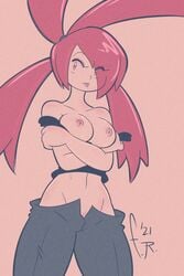 :p black_shirt breasts breasts_out carpet_matching_drapes exposed_breasts fernal-scarlet flannery_(pokemon) flashing fondly_scarlet game_freak gym_leader jeans medium_breasts midriff nintendo nipples no_bra no_panties pants pokemon pubic_hair red_eyes red_hair shirt_down solo solo_female unbuttoned_pants