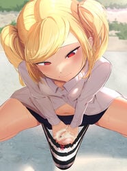 1futa 1girls 2020s 2021 areolae bangs bare_legs belly_button big_penis black_skirt blonde_hair blush both_hands_on_cock bow clothed clothed_futanari clothing cum daytime erection erection_in_panties erection_under_clothes eyebrows_visible_through_hair frustrated futa_focus futa_only futanari handjob huge_cock human jerkingoff leaking_precum light-skinned_futanari looking_forward looking_pleasured lube masturbating masturbation medium_hair mostly_clothed original original_character outdoors pent_up petite precum precum_stain red_bow red_eyes rubbing rubbing_penis school_uniform schoolgirl shadow shimapan simple_background slit_pupils small_breasts solo spread_legs stained_panties standing striped_panties sweat sweaty_body tenting thick_penis thick_thighs thighs tontekiss touching_penis twintails veiny_penis viewed_from_above wavy_mouth wet wet_panties wet_penis white_shirt