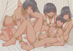 4girls anklet barefoot bed black_hair blush bracelet egyptian egyptian_clothes feet groping harem harem_girl harem_outfit imminent_sex large_breasts miniskirt molestation multiple_girls necklace noe_aoikaba original original_characters pampering short_hair sweat toes yuri