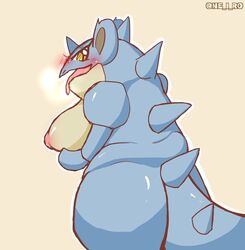 anthro big_breasts blush breasts eyelashes female hi_res horn invalid_tag looking_back ne_i_ro nidoqueen nintendo pokemon pokemon_(species) simple_background solo spikes steam tongue tongue_out video_games watermark yellow_eyes