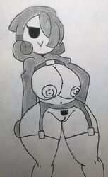 1girls bimbo black_and_white breasts eyelashes female garter_straps hair_over_one_eye handdrawn high_socks hoodie huge_breasts mario_(series) mask pubic_hair pussy shy_gal smirk solo solo_female standing stockings thick_thighs wide_hips