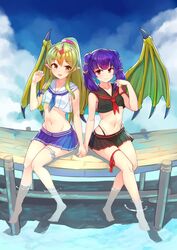 2girls arpeggio_kaga black_clothes dragon dragon_wings feet female_only fire_emblem fire_emblem:_mystery_of_the_emblem fire_emblem:_shadow_dragon_and_the_blade_of_light fire_emblem:_the_sacred_stones green_eyes green_hair hair_ornament hand_holding long_hair manakete medium_hair myrrh_(fire_emblem) nintendo partially_submerged red_eyes sailor_uniform thighs tiki_(fire_emblem) tiki_(young)_(fire_emblem) violet_hair white_clothes wings