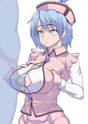 1boy areolae bangs blue_eyes blue_hair breast_hold breasts buggycart censored cleavage_cutout closed_mouth clothing_cutout covered_nipples english_commentary eyebrows_visible_through_hair female frilled_hat frills happy_female hat heart heart-shaped_pupils large_breasts looking_at_partner merlin_prismriver mosaic_censoring paizuri penis pink_headwear pink_shirt pink_skirt pink_vest shirt short_hair simple_background skirt slight_blush slight_smile smile straight sweatdrop symbol-shaped_pupils titfuck touhou vest white_background white_shirt