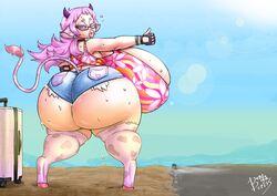 1girls bendacriss big_ass big_breasts big_lips bovine_humanoid cow_ears cow_horns cow_tail daisy_dukes dragoric fingerless_gloves hi_res highres hitchhiking huge_ass huge_breasts hyper_bimbo hyper_breasts jackie_moo large_ass large_breasts mole_under_mouth nipple_bulge nipples_visible_through_clothing pink-tinted_eyewear pink_hair rear_view red_eyes shortstack solo sunglasses sweat sweaty_ass sweaty_breasts thick_thighs tinted_eyewear