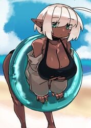 1girls ahoge beach bent_over bob_cut cleavage dark-skinned_female dark_elf dark_skin elf elf_ears female female_only green_eyes hi_res inflatable kuu_(zanamaoria) looking_at_viewer medium_hair mole mole_on_breast mole_on_shoulder multicolored_nail_polish off_shoulder original pointy_ears solo solo_female swimsuit unamused white_hair zanamaoria