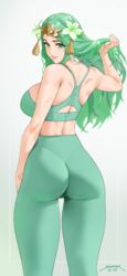 1girls ass ass_focus back bangs bare_shoulders blush breasts circlet commentary female fire_emblem fire_emblem:_three_houses flower fully_clothed green_eyes green_hair green_pants hair_flower hair_ornament high-waist_pants highres large_breasts leggings long_hair looking_at_viewer looking_back nintendo pants parted_bangs rhea_(fire_emblem) sendo_(sendrawz) sendrawz smile solo solo_female sports_bra tassel thigh_gap thighs tight tight_clothes tight_pants yoga_pants