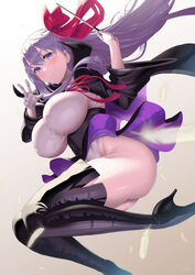 1girls 2021 ass bb_(fate) bent_knees black_boots black_jacket black_skirt blush blushing_at_viewer breasts clothed clothed_female fate/extra_ccc fate/grand_order fate_(series) feathers female female_focus female_only gloves heel_boots heels hips holding_object huge_ass huge_breasts long_hair long_jacket looking_at_viewer panties pantyshot peace_sign pointer purple_eyes purple_hair red_ribbon ribbon ribbon_in_hair shiny_skin short_skirt simple_background skirt smile smiling_at_viewer thick_thighs thigh_boots thigh_high_boots thighs tight_clothing tight_fit uo_denim upskirt very_long_hair white_gloves white_panties white_shirt wide_hips